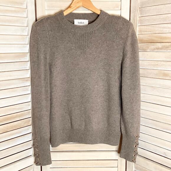 Ba&sh Keane Puff Shoulder Sweater Lace Up Cuff Wool Cotton Taupe 3 L - Picture 4 of 12